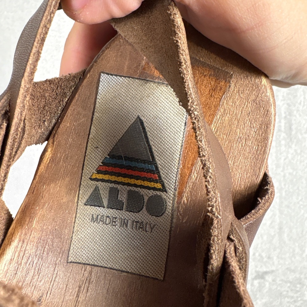 Vintage Aldo Brown Leather Wooden Clogs Slingback Made in Italy 38 Lug Sole - Picture 3 of 8